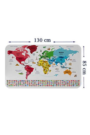 Türkçe Ülke Bayrak lı Eğitici Başkent Detaylı Atlası Dünya Haritası Duvar Sticker  3861- XL 130 x 85 cm